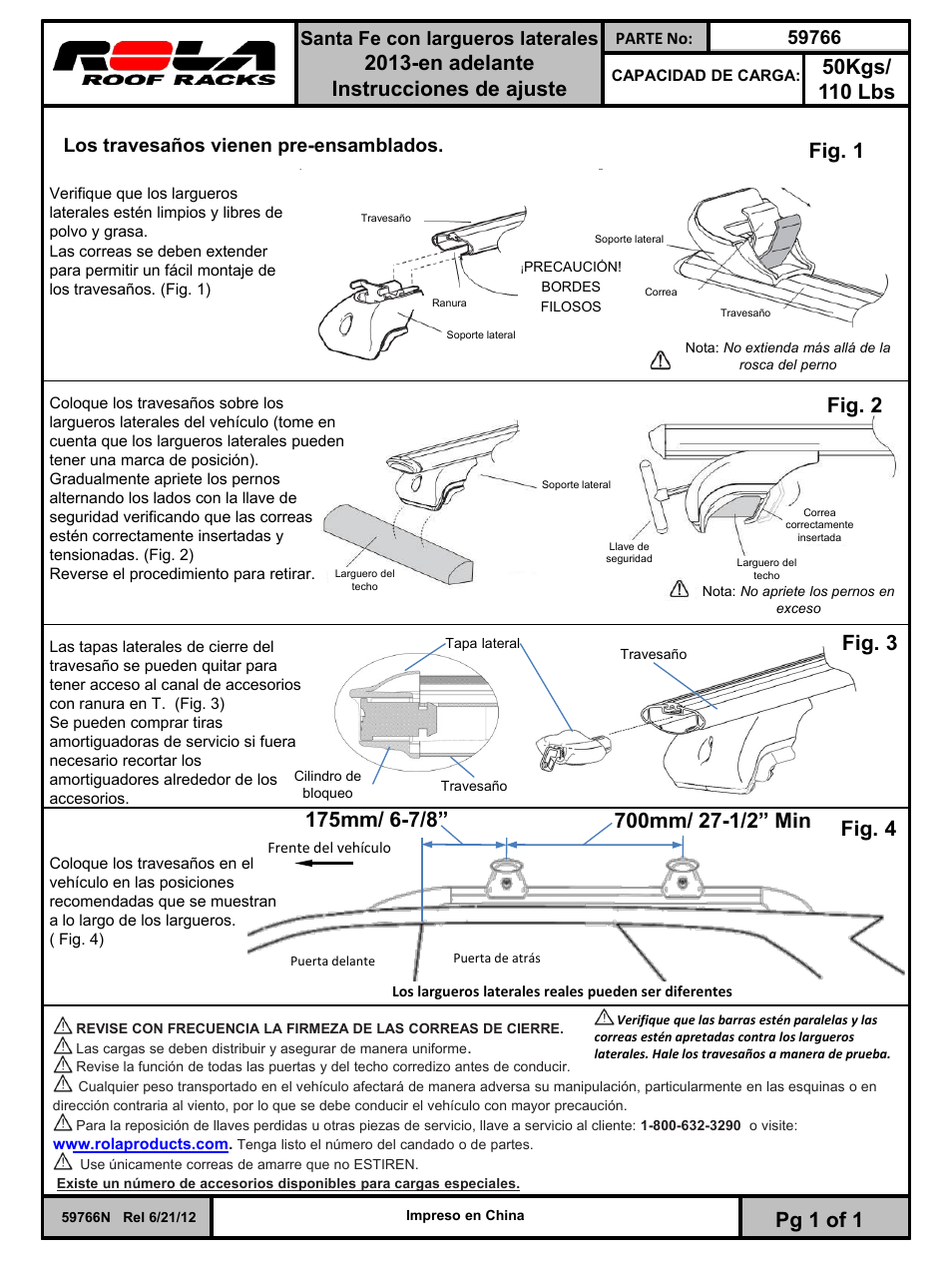 Slide number 2, 2013-en adelante instrucciones de ajuste, Pg 1 of 1 | Fig. 4, Santa fe con largueros laterales, Los travesaños vienen pre-ensamblados | Draw-Tite 59766 ROOF RACK User Manual | Page 2 / 3