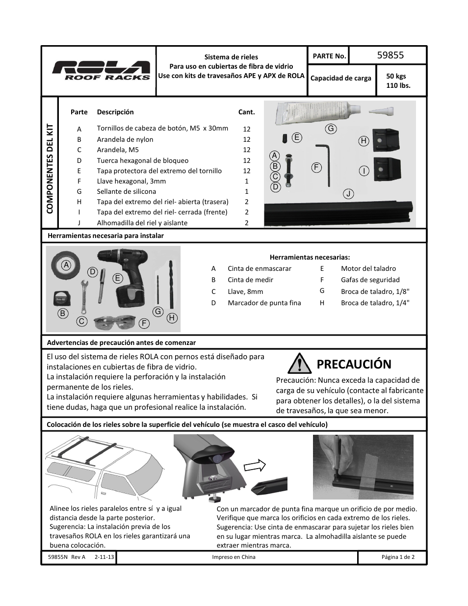Precaución | Draw-Tite 59855 ROOF RACK User Manual | Page 5 / 6