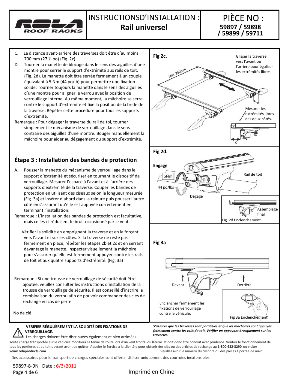 Slide number 4, Pièce no, Instructionsd’installation : rail universel | Étape 3 : installation des bandes de protection, Imprimé en chine | Draw-Tite 59897 ROOF RACK User Manual | Page 4 / 6