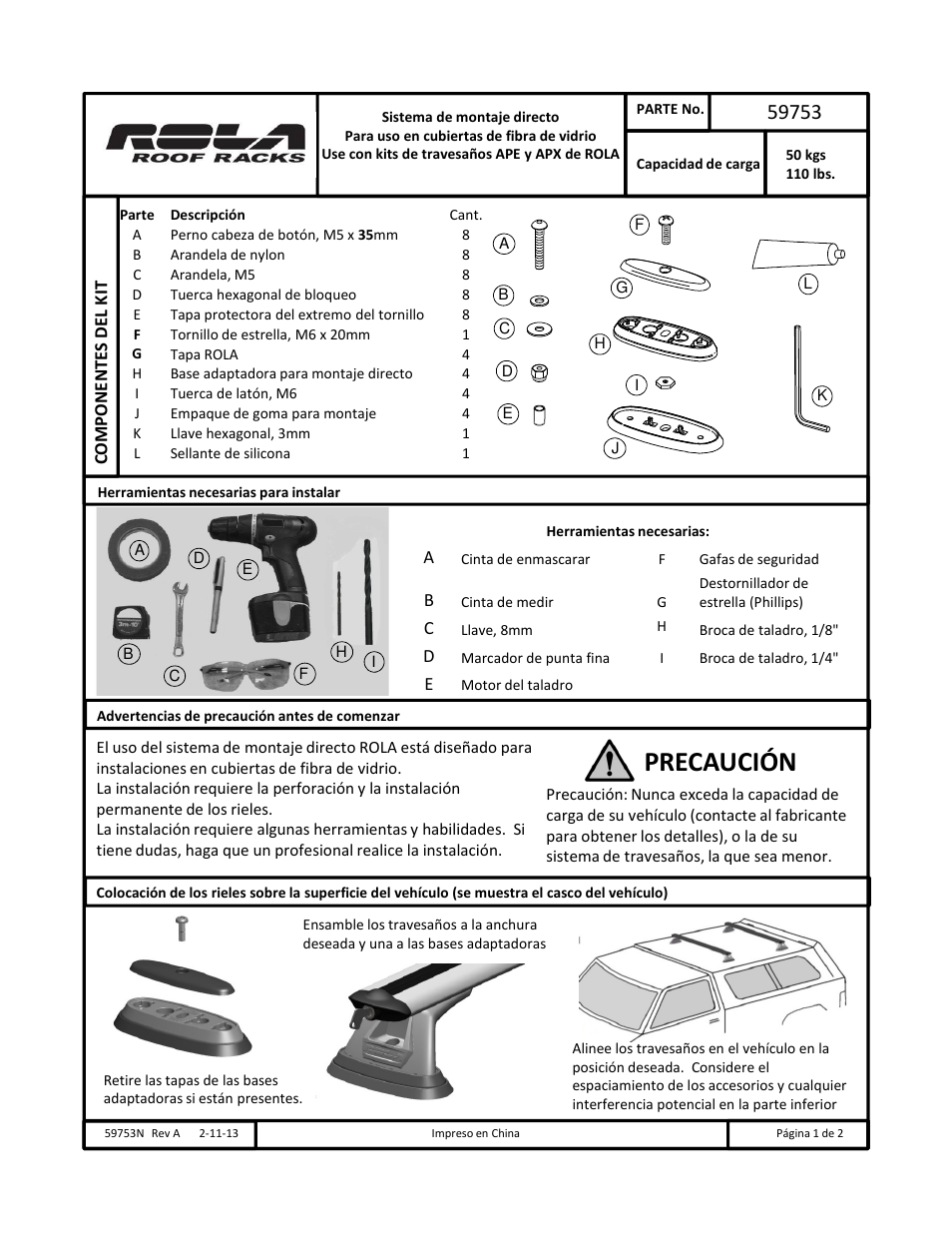 Precaución | Draw-Tite 59753 ROOF RACK User Manual | Page 5 / 6
