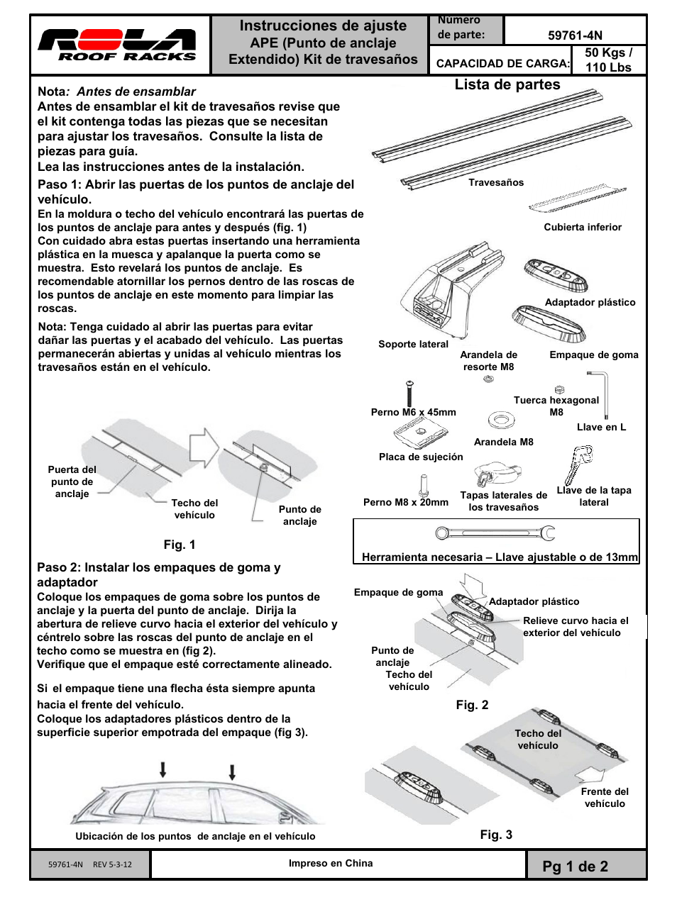 Slide number 3, Instrucciones de ajuste, Pg 1 de 2 | Lista de partes | Draw-Tite 59762 ROOF RACK User Manual | Page 3 / 6