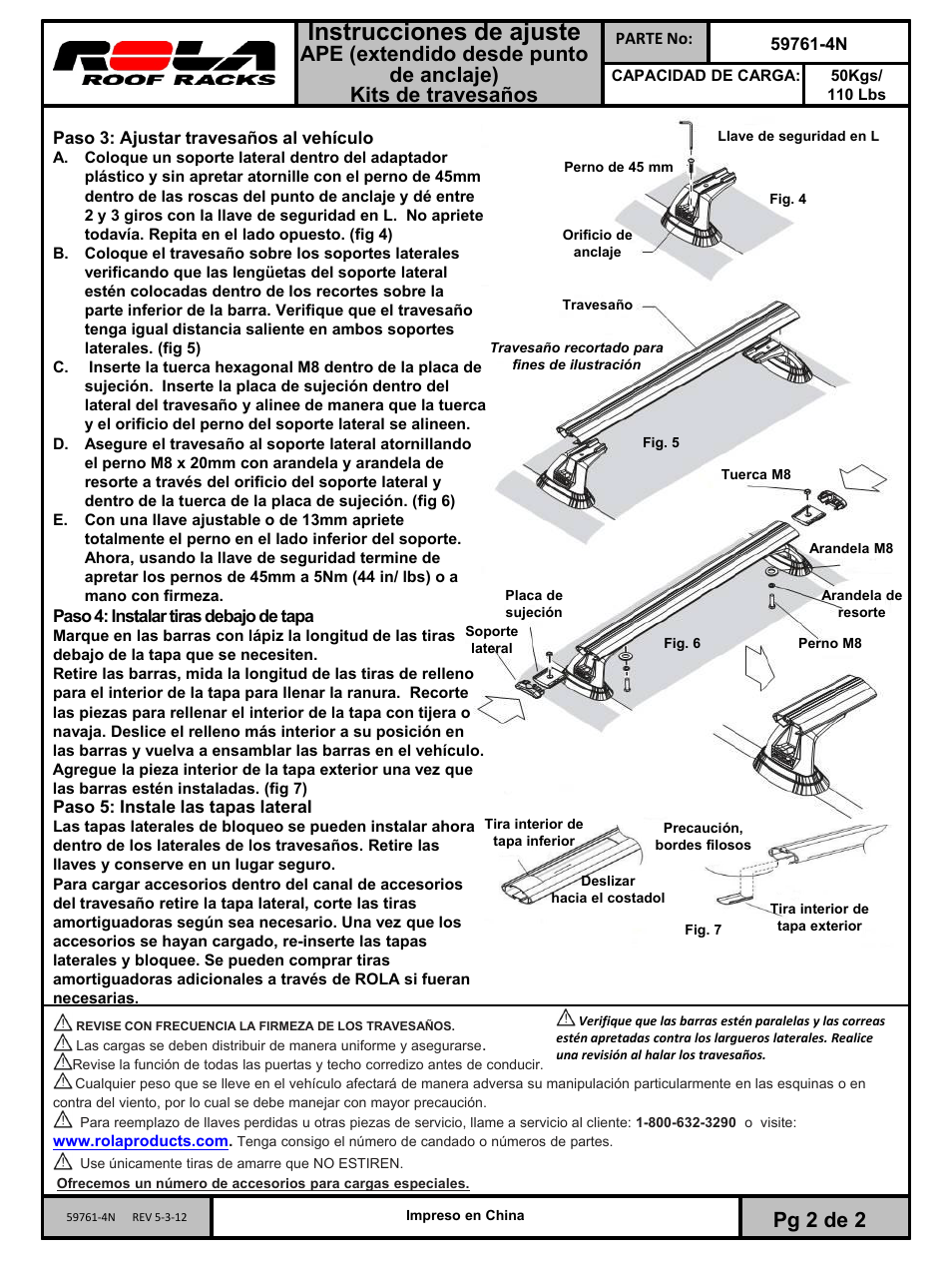 Slide number 4, Instrucciones de ajuste, Pg 2 de 2 | Draw-Tite 59762 ROOF RACK User Manual | Page 4 / 6