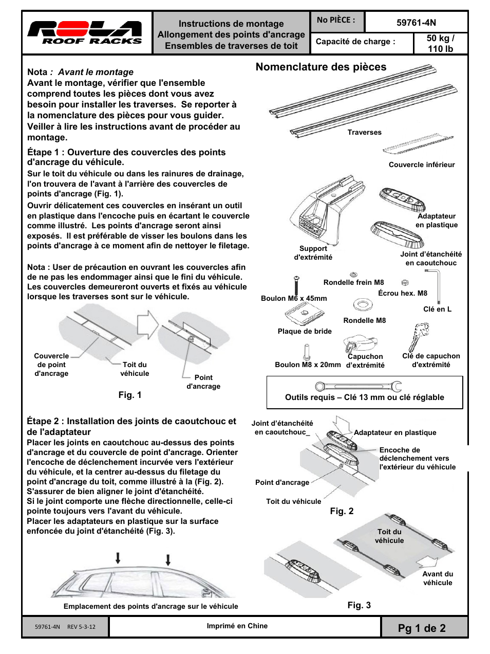 Slide number 5, Pg 1 de 2, Nomenclature des pièces | Draw-Tite 59762 ROOF RACK User Manual | Page 5 / 6