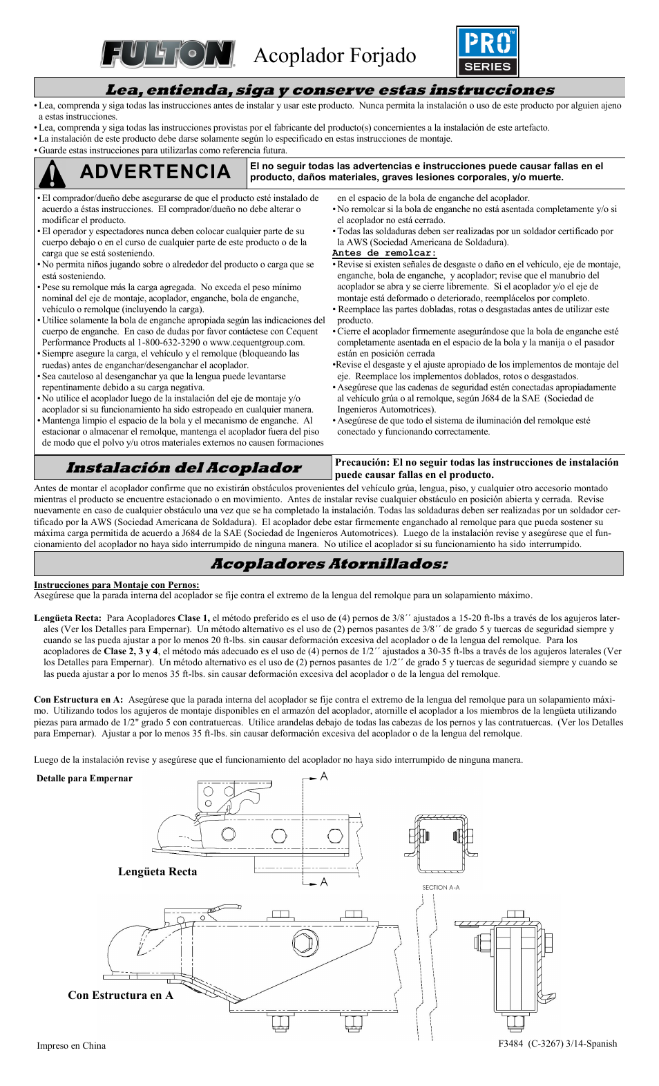 Acoplador forjado, Advertencia, Lea, entienda, siga y conserve estas instrucciones | Instalación del acoplador, Acopladores atornillados | Draw-Tite 22300 0101 STRAIGHT COUPLERS User Manual | Page 3 / 6