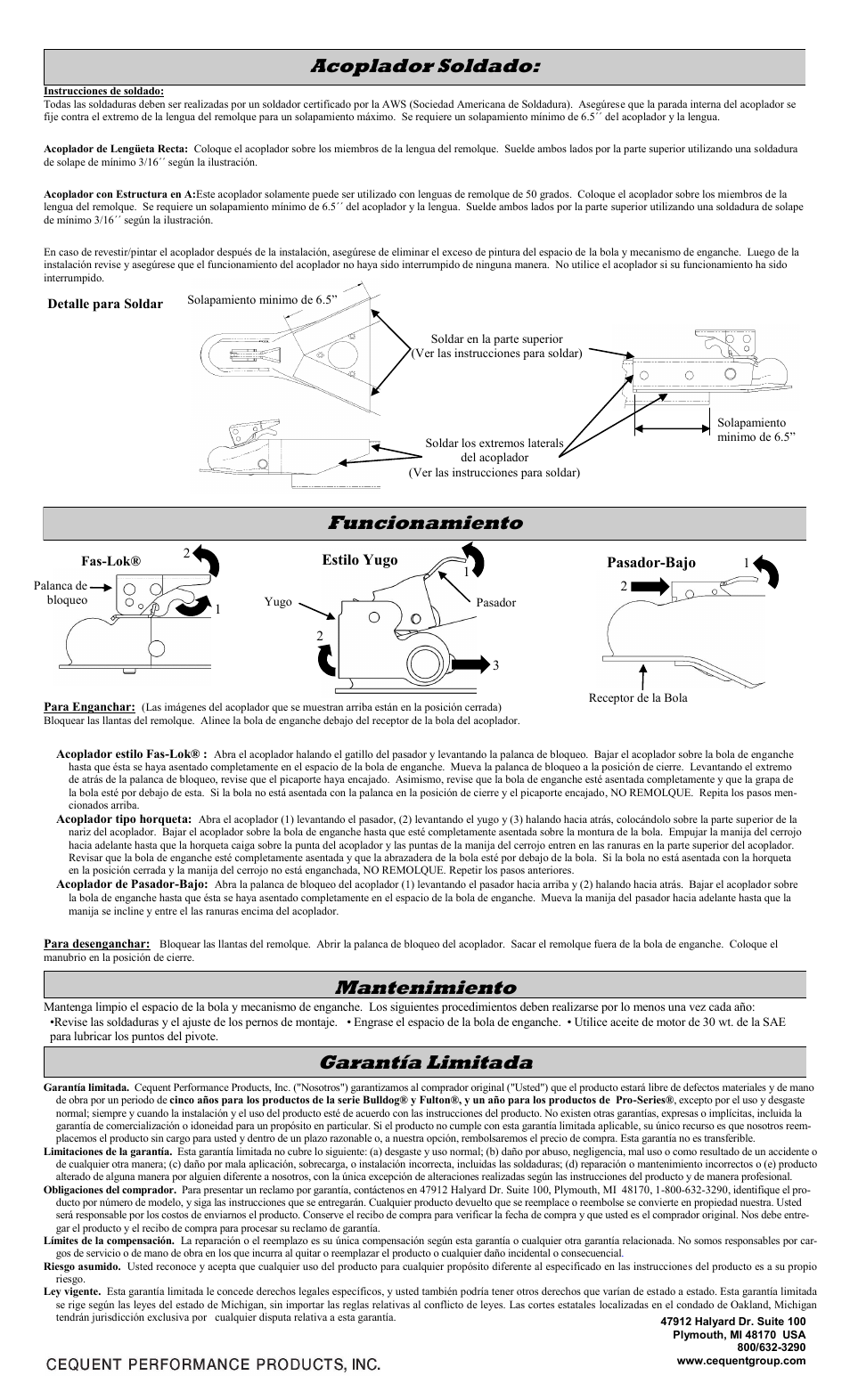 Garantía limitada, Mantenimiento, Acoplador soldado | Funcionamiento | Draw-Tite 22300 0101 STRAIGHT COUPLERS User Manual | Page 4 / 6