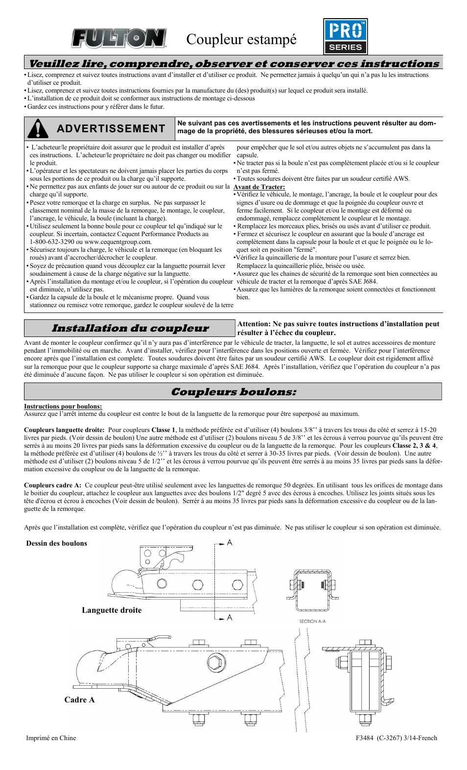 Coupleur estampé, Installation du coupleur, Coupleurs boulons | Advertissement | Draw-Tite 22300 0101 STRAIGHT COUPLERS User Manual | Page 5 / 6