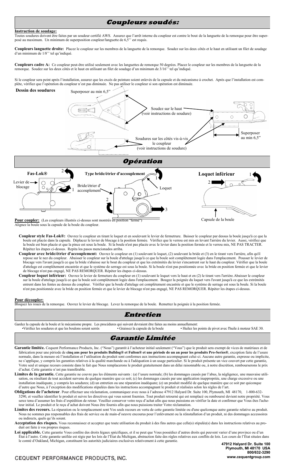 Garantie limitée, Entretien, Opération | Coupleurs soudés | Draw-Tite 22300 0101 STRAIGHT COUPLERS User Manual | Page 6 / 6