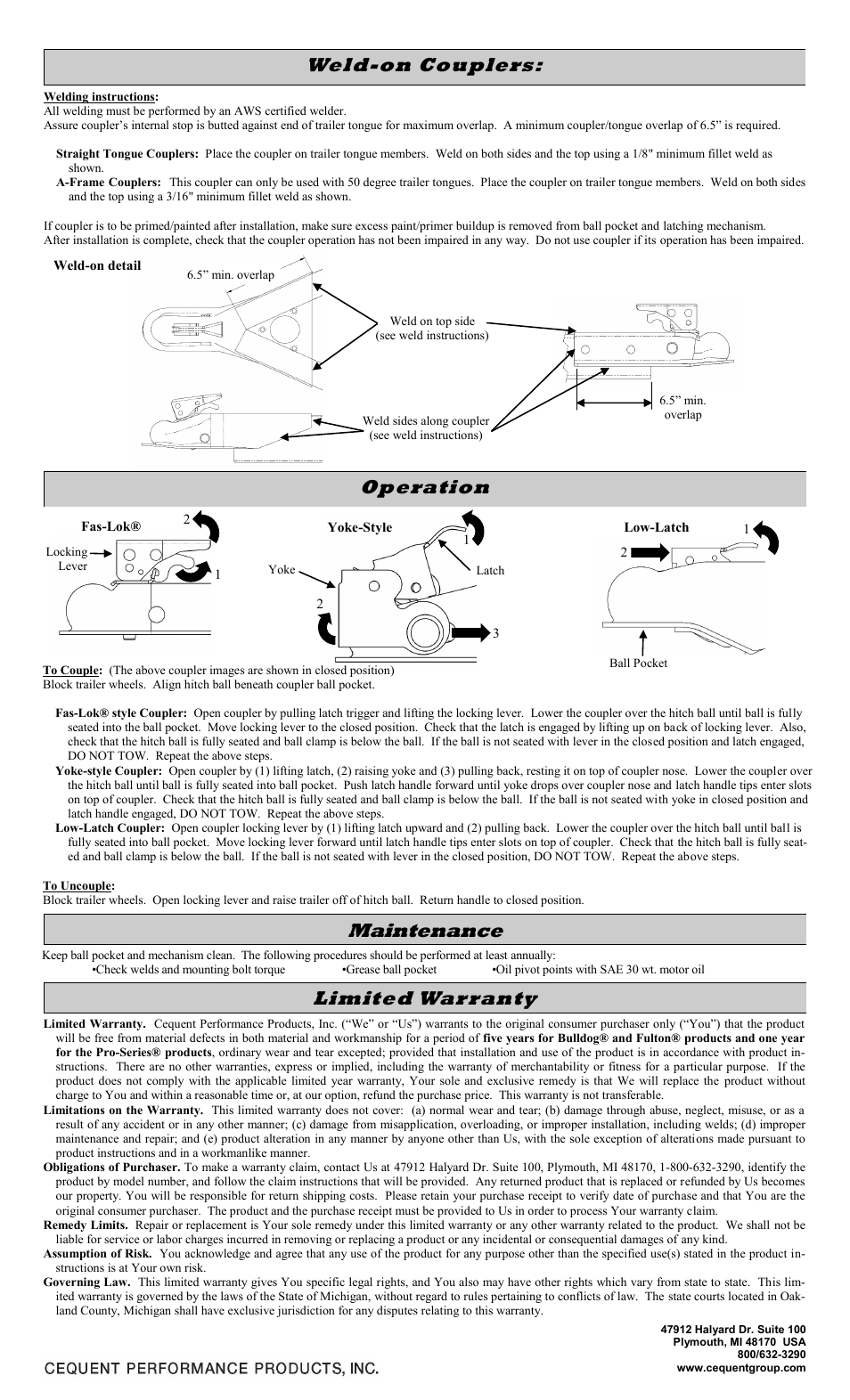 Limited warranty, Maintenance operation, Weld-on couplers | Draw-Tite 22250 0101 STRAIGHT COUPLERS User Manual | Page 2 / 6
