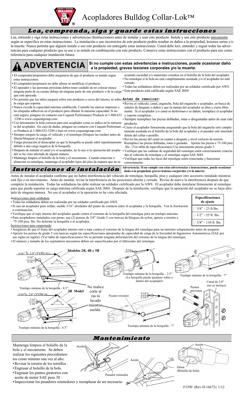 Advertencia, Acopladores bulldog collar-lok, Lea, comprenda, siga y guarde estas instrucciones | Mantenimiento, Instrucciones de instalación | Draw-Tite 028462 SQUARE_RECTANGULAR MOUNT COUPLER User Manual | Page 5 / 6