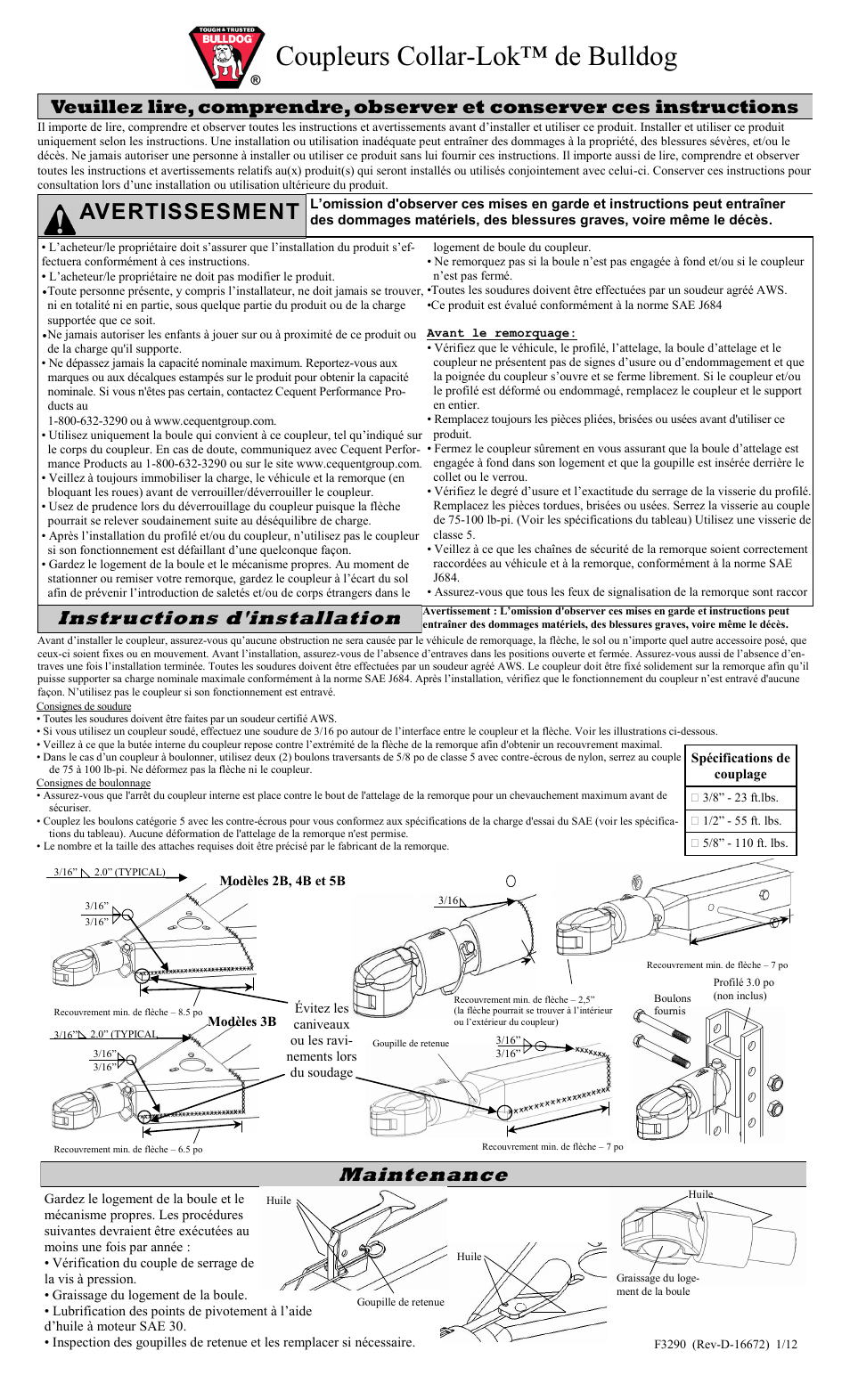 Coupleurs collar-lok™ de bulldog, Avertissesment, Maintenance | Instructions d'installation | Draw-Tite 028463 COLLAR-LOK A-FRAME COUPLER User Manual | Page 3 / 6