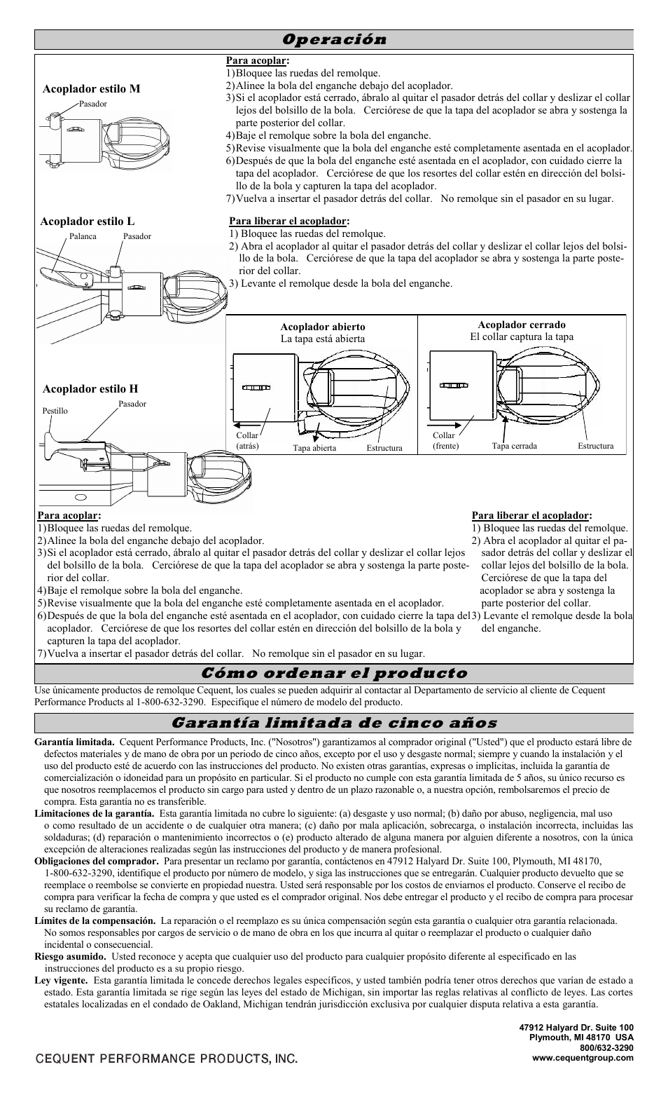 Garantía limitada de cinco años, Operación cómo ordenar el producto | Draw-Tite 028463 COLLAR-LOK A-FRAME COUPLER User Manual | Page 6 / 6