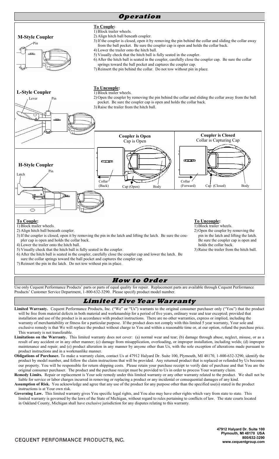 Limited five year warranty, Operation how to order | Draw-Tite 028386 COLLAR-LOK A-FRAME COUPLER User Manual | Page 2 / 6