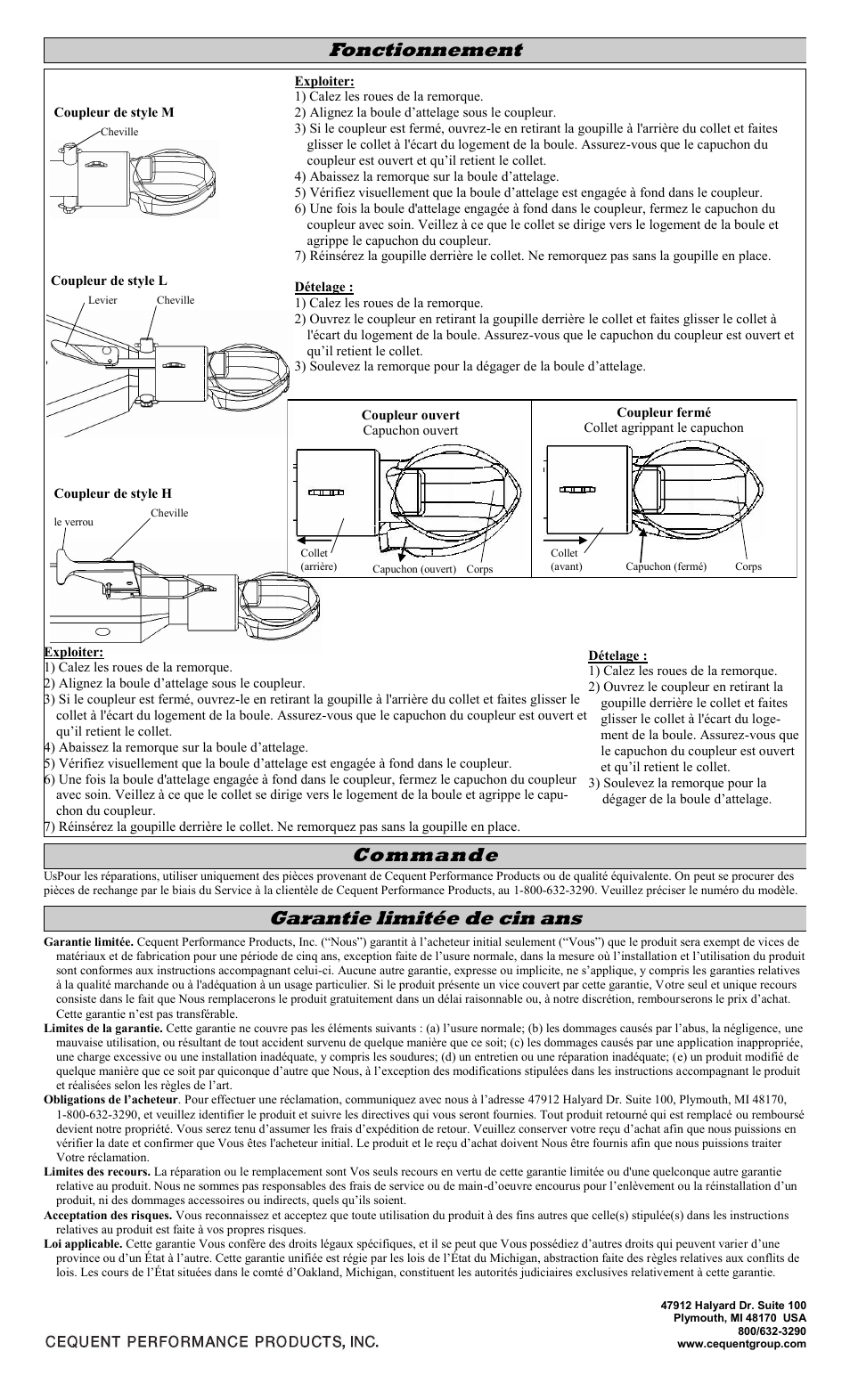 Garantie limitée de cinqqq ans, Fonctionnement commande | Draw-Tite 028384 COLLAR-LOK A-FRAME COUPLER User Manual | Page 4 / 6