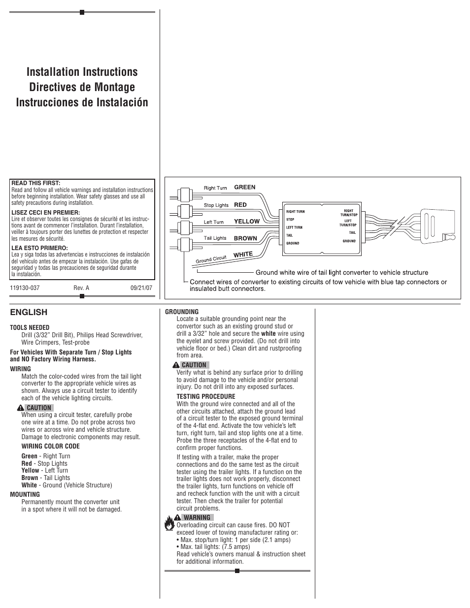 Draw-Tite 119130 TAILLIGHT CONVERTER User Manual | 2 pages