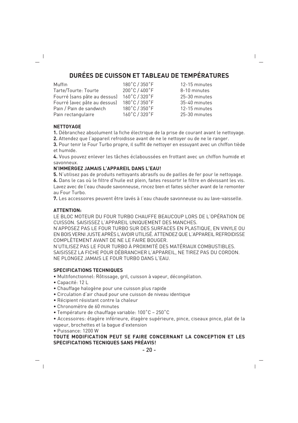 Durées de cuisson et tableau de températures | SINBO SCO 5023 User Manual | Page 21 / 60