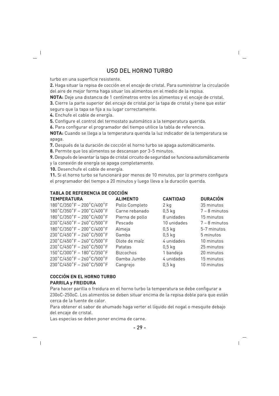 Uso del horno turbo | SINBO SCO 5023 User Manual | Page 30 / 60