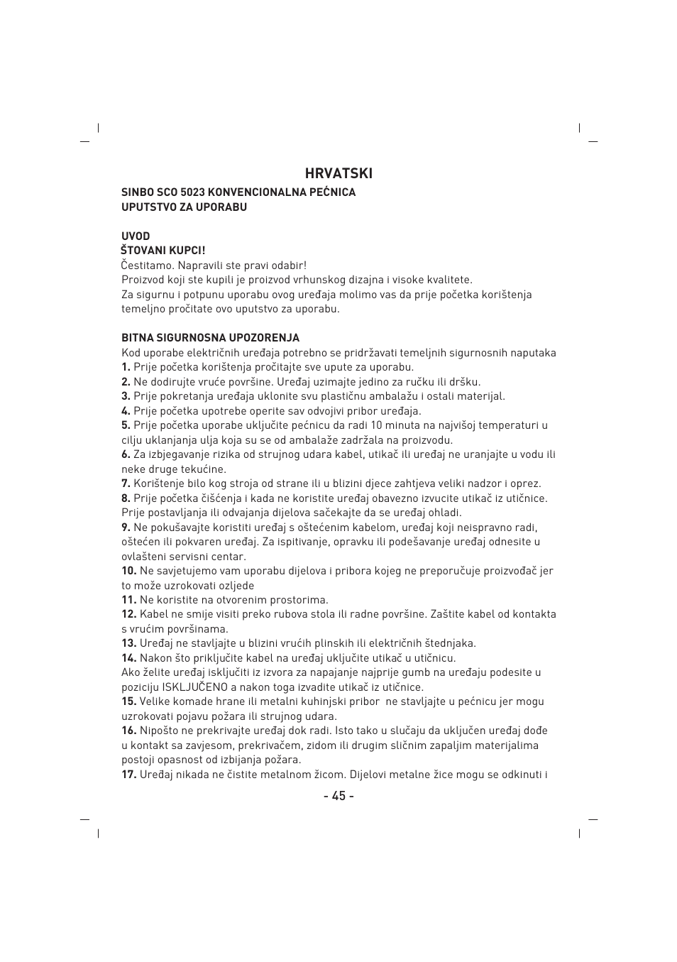 Hrvatski | SINBO SCO 5023 User Manual | Page 46 / 60
