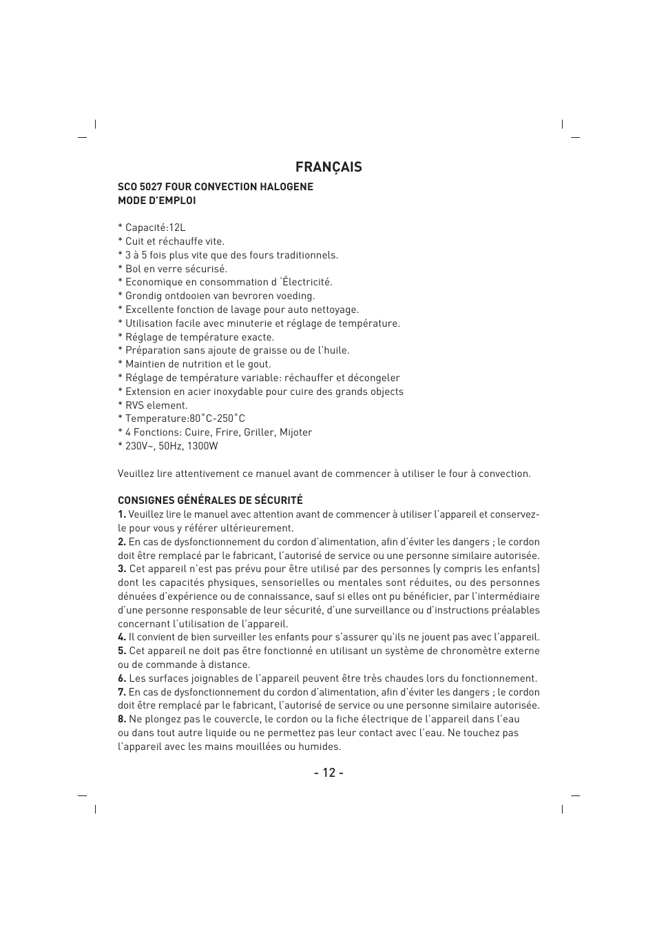 Français | SINBO SCO 5027 User Manual | Page 13 / 48