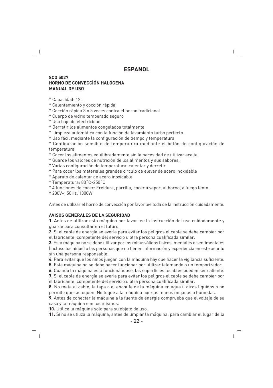 Espanol | SINBO SCO 5027 User Manual | Page 23 / 48