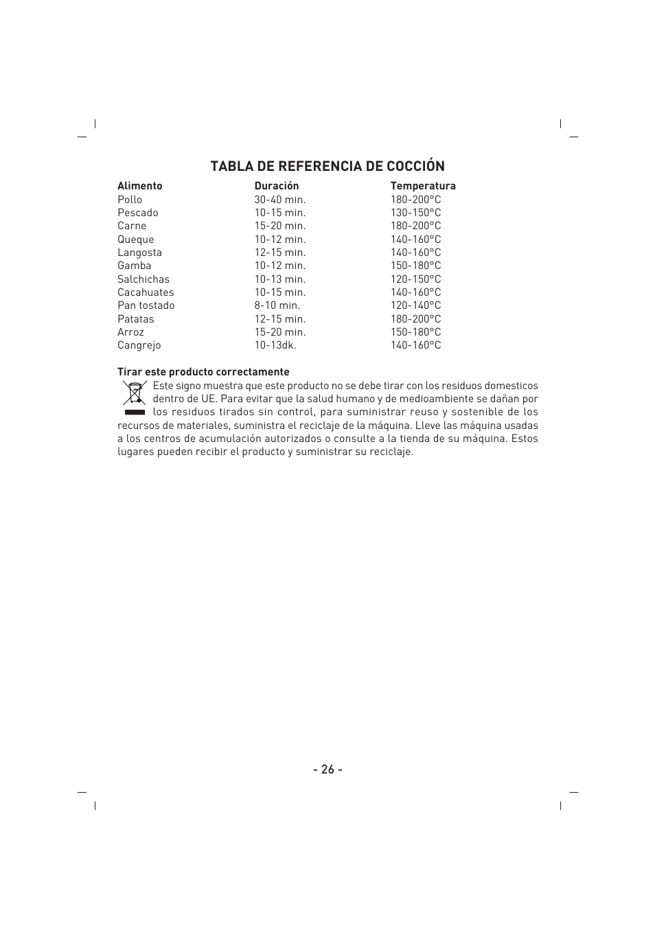 Tabla de referencia de cocción | SINBO SCO 5027 User Manual | Page 27 / 48