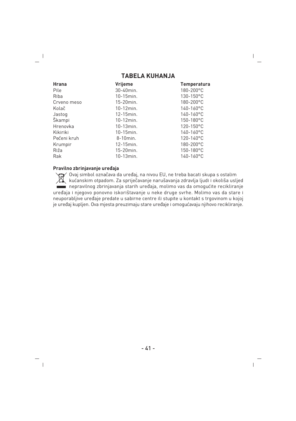 Tabela kuhanja | SINBO SCO 5027 User Manual | Page 42 / 48