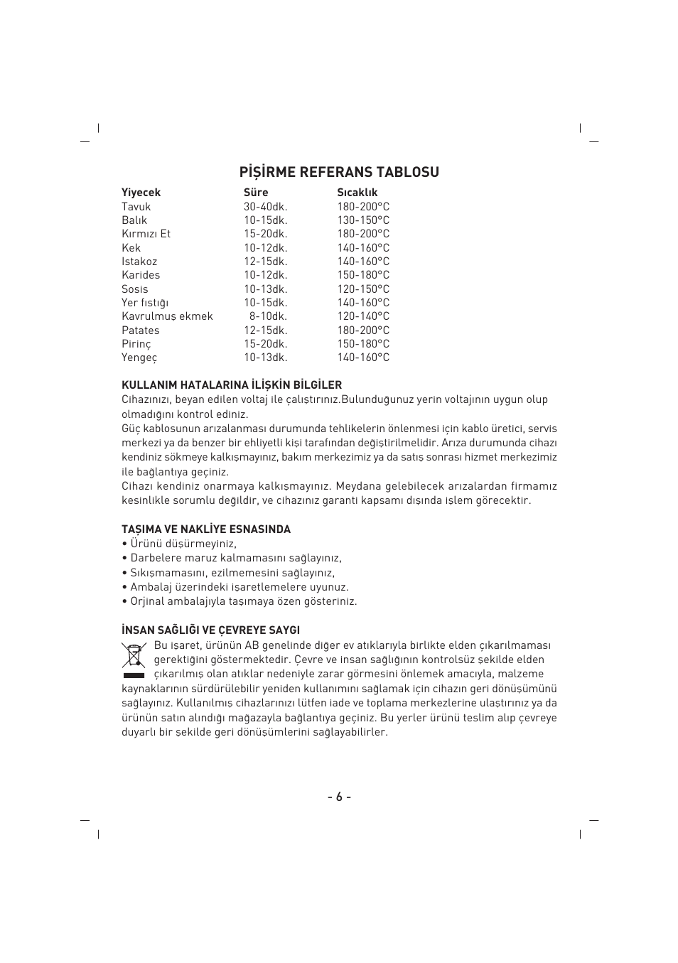 P‹fi‹rme referans tablosu | SINBO SCO 5027 User Manual | Page 7 / 48