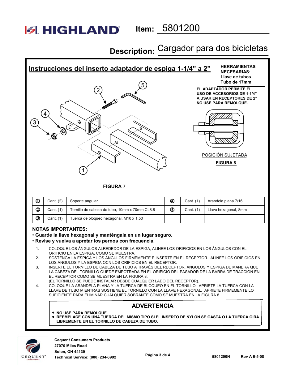 Cargador para dos bicicletas, Item: description | Draw-Tite 5801200 BIKE CARRIER - SPORTWING - HITCH MOUNT User Manual | Page 11 / 12