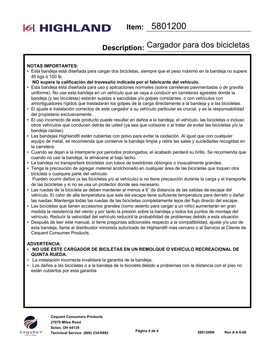 Cargador para dos bicicletas, Item: description | Draw-Tite 5801200 BIKE CARRIER - SPORTWING - HITCH MOUNT User Manual | Page 12 / 12