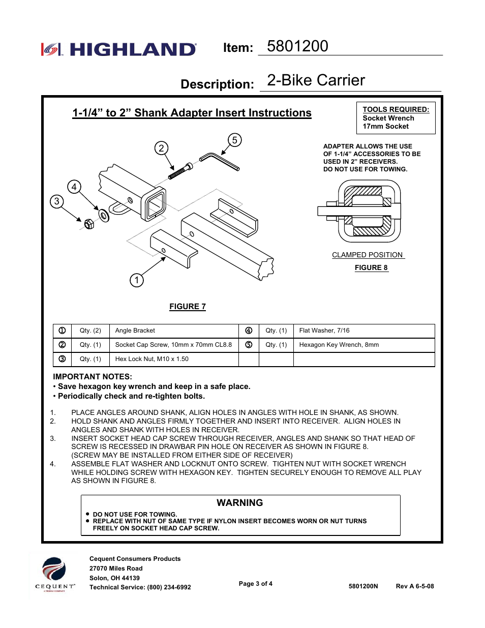 Bike carrier, Item: description, 1/4” to 2” shank adapter insert instructions | Draw-Tite 5801200 BIKE CARRIER - SPORTWING - HITCH MOUNT User Manual | Page 3 / 12