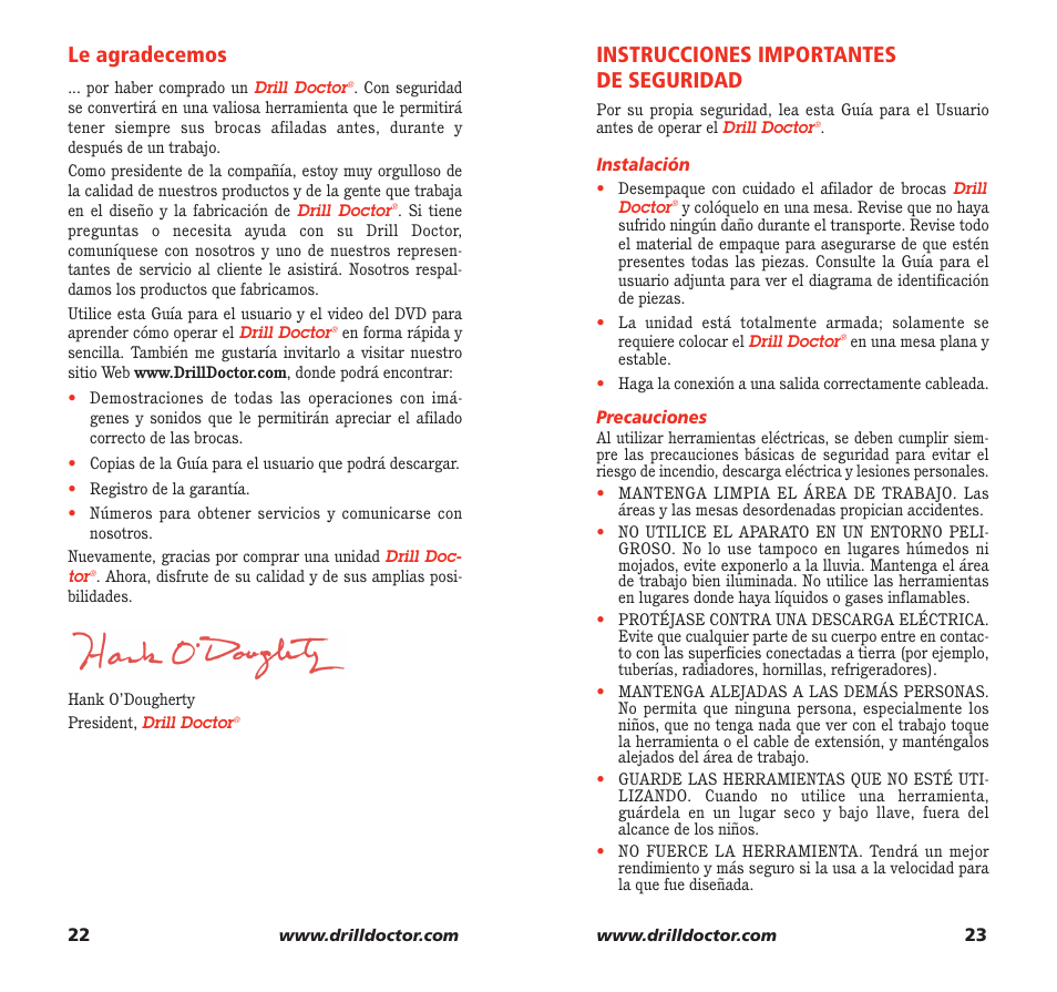 Instrucciones importantes de seguridad, Le agradecemos | Drill Doctor 350X User Manual | Page 13 / 35