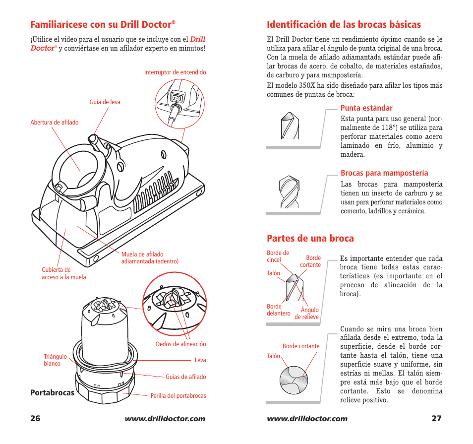 Identificación de las brocas básicas, Partes de una broca, Familiarícese con su drill doctor | Drill Doctor 350X User Manual | Page 15 / 35