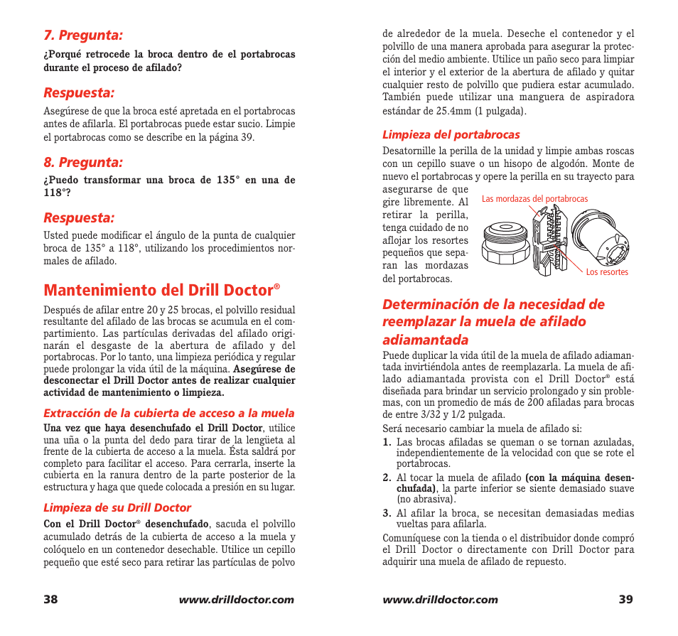 Mantenimiento del drill doctor, Pregunta, Respuesta | Drill Doctor 350X User Manual | Page 21 / 35