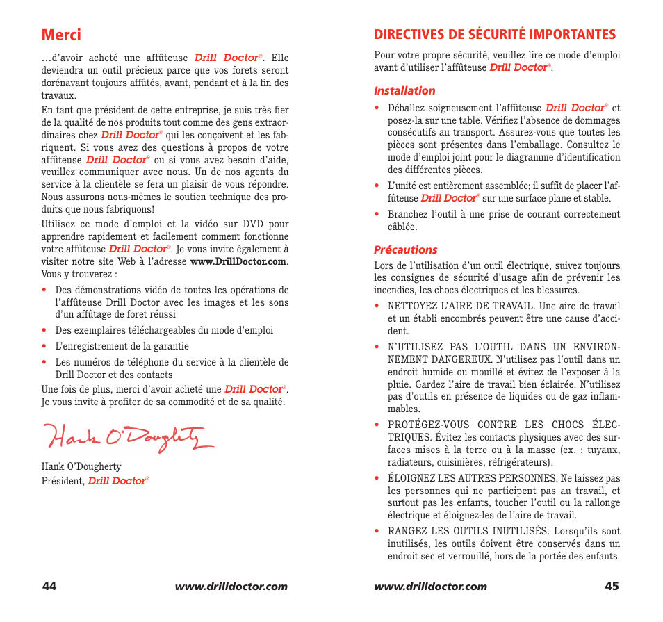 Merci, Directives de sécurité importantes | Drill Doctor 350X User Manual | Page 24 / 35