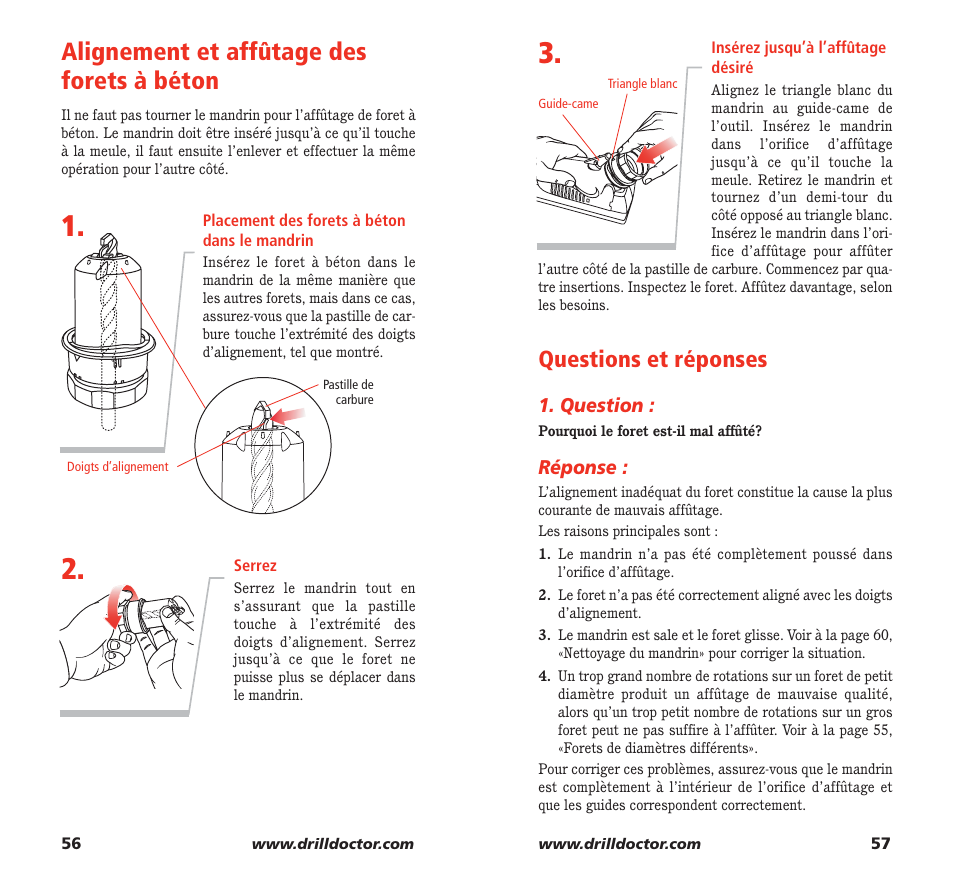 Alignement et affûtage des forets à béton, Questions et réponses | Drill Doctor 350X User Manual | Page 30 / 35