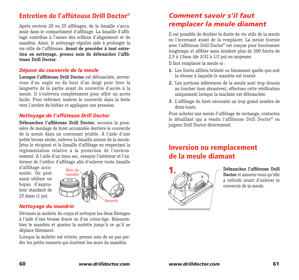 Inversion ou remplacement de la meule diamant, Entretien de l’affûteuse drill doctor | Drill Doctor 350X User Manual | Page 32 / 35