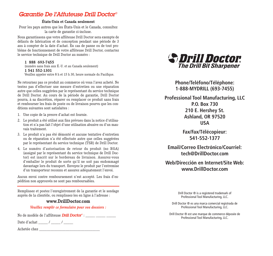 Garantie de l’affuteuse drill doctor | Drill Doctor 350X User Manual | Page 34 / 35