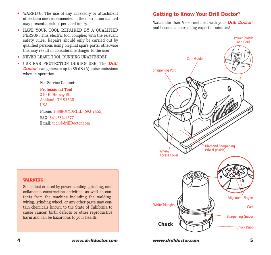 Getting to know your drill doctor, Chuck | Drill Doctor 350X User Manual | Page 4 / 35