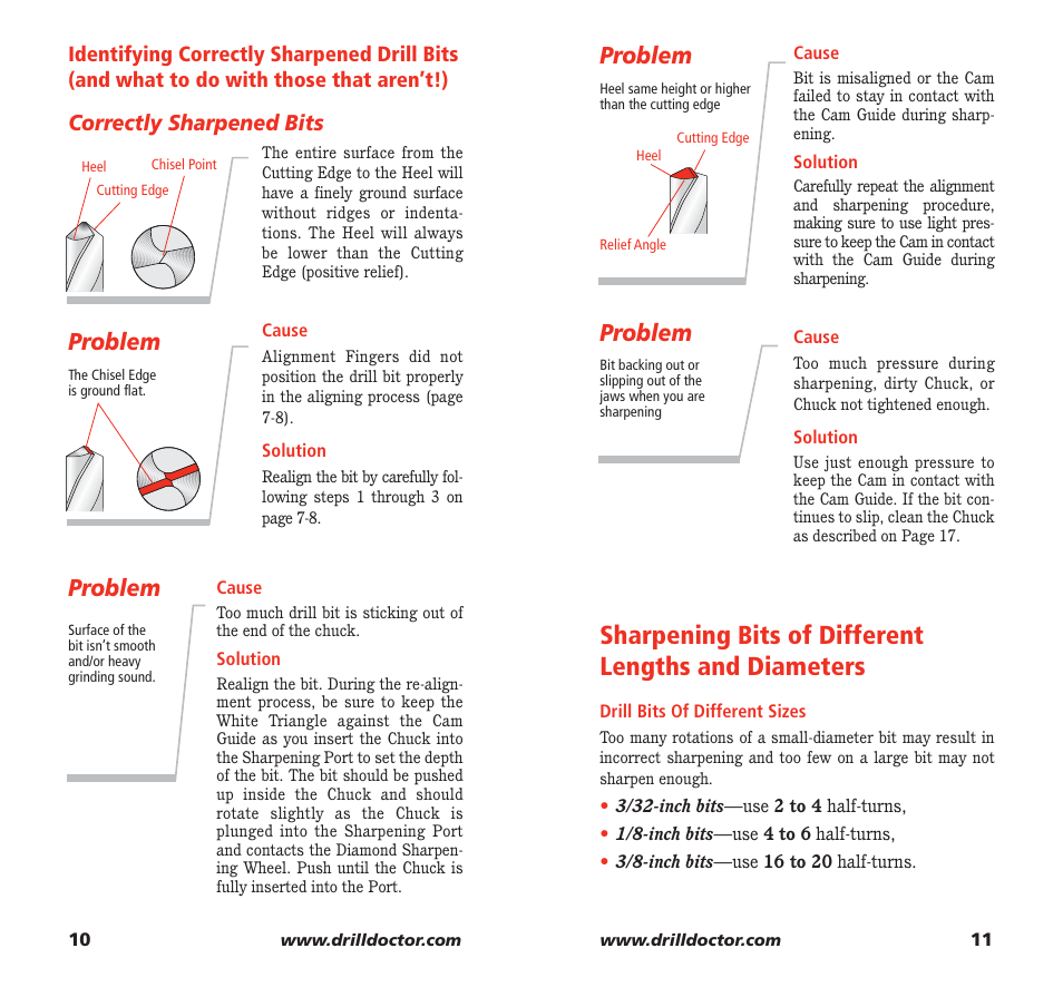 Sharpening bits of different lengths and diameters, Problem | Drill Doctor 350X User Manual | Page 7 / 35