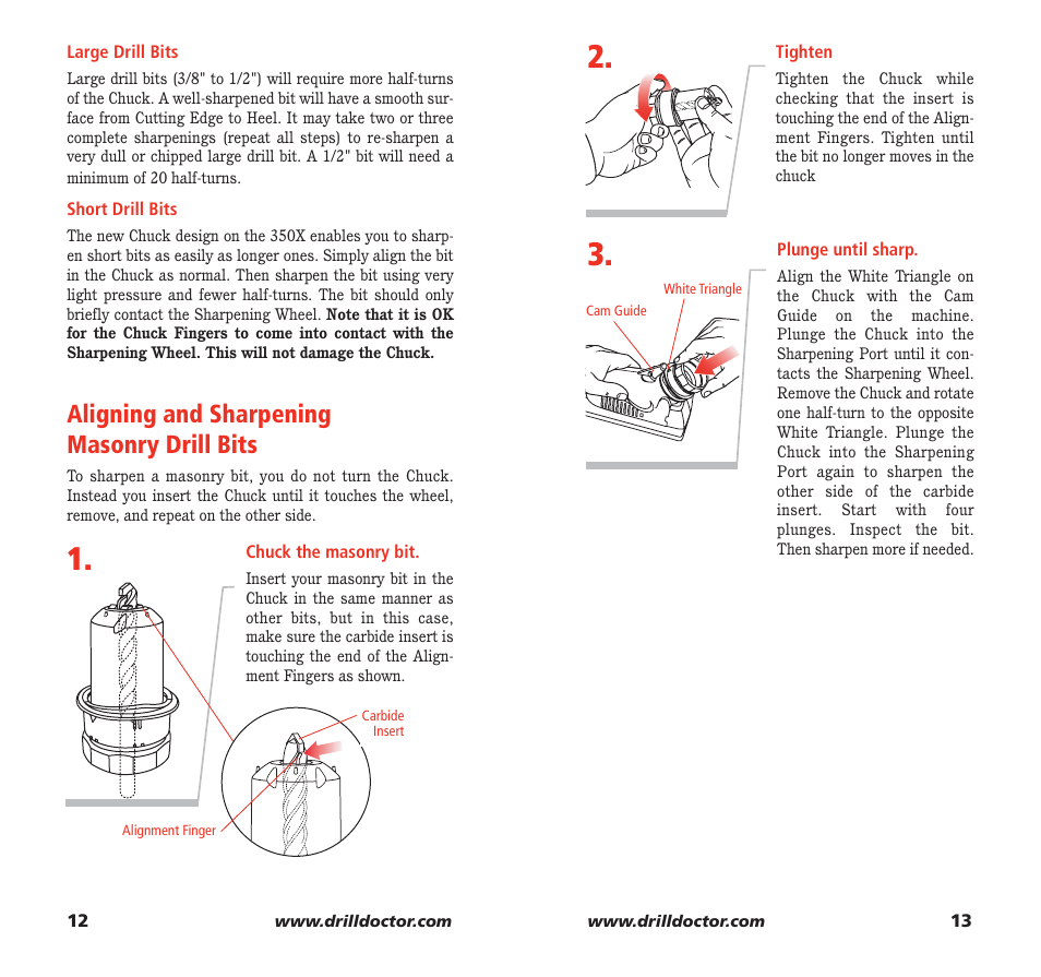 Aligning and sharpening masonry drill bits | Drill Doctor 350X User Manual | Page 8 / 35