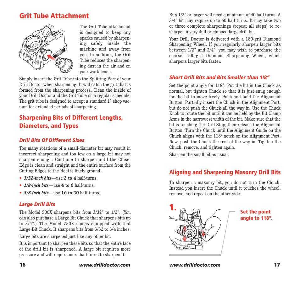 Grit tube attachment, Aligning and sharpening masonry drill bits | Drill Doctor 750X User Manual | Page 10 / 48