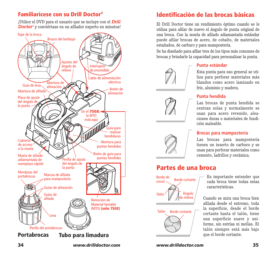 Partes de una broca, Identificación de las brocas básicas, Familiarícese con su drill doctor | Tubo para limadura portabrocas | Drill Doctor 750X User Manual | Page 19 / 48