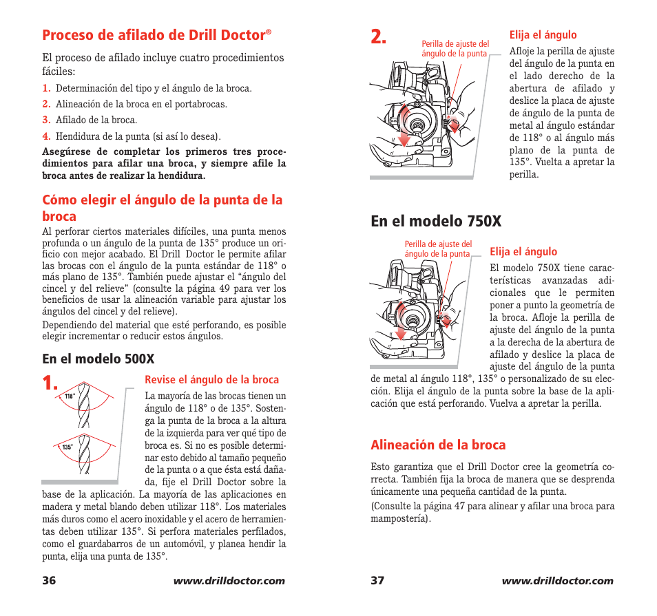 En el modelo 750x, Proceso de afilado de drill doctor | Drill Doctor 750X User Manual | Page 20 / 48