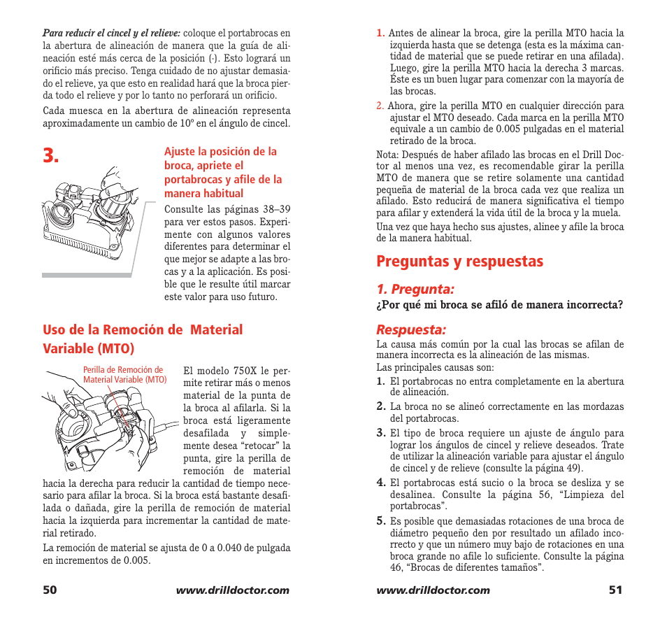 Preguntas y respuestas, Uso de la remoción de material variable (mto), Pregunta | Respuesta | Drill Doctor 750X User Manual | Page 27 / 48