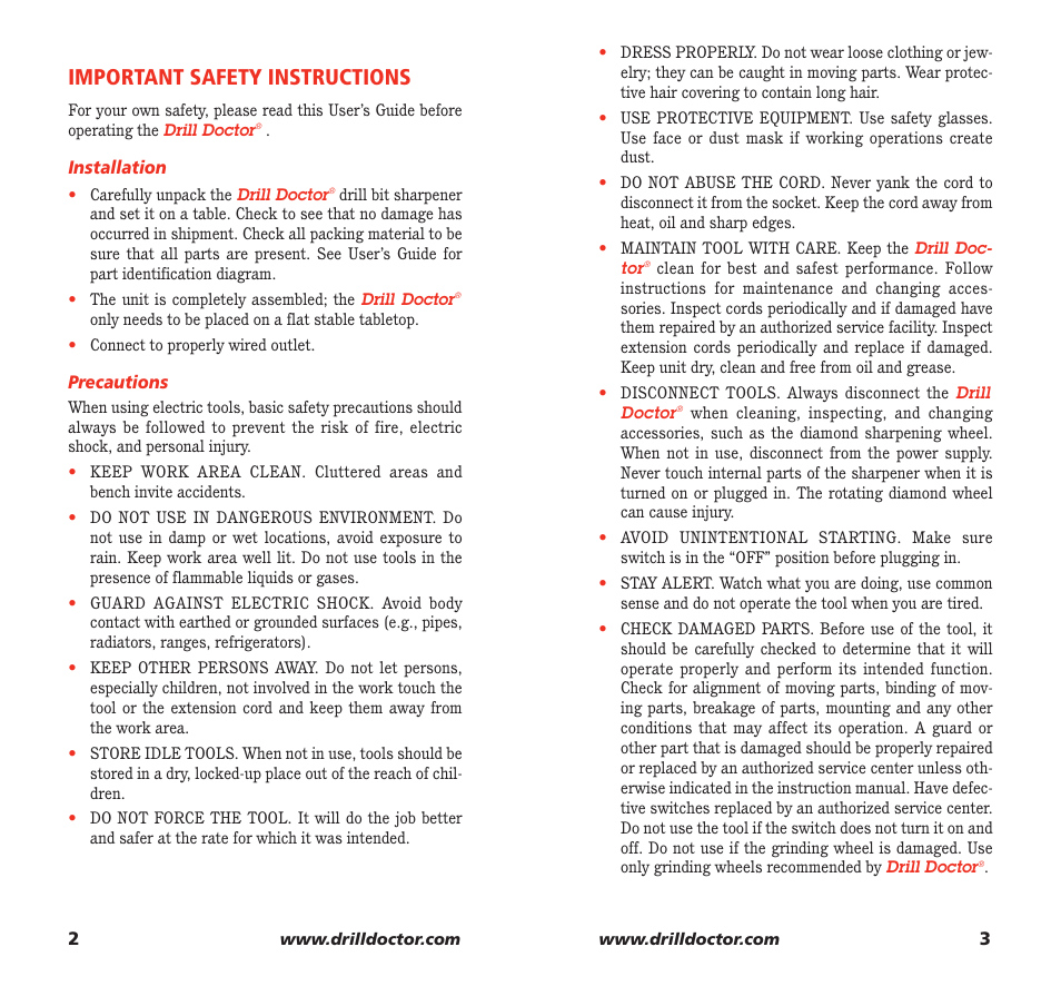 Important safety instructions | Drill Doctor 750X User Manual | Page 3 / 48