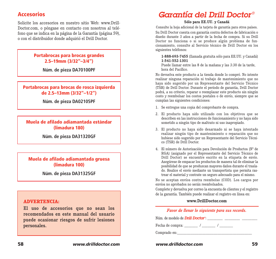 Garantía del drill doctor, Accesorios | Drill Doctor 750X User Manual | Page 31 / 48