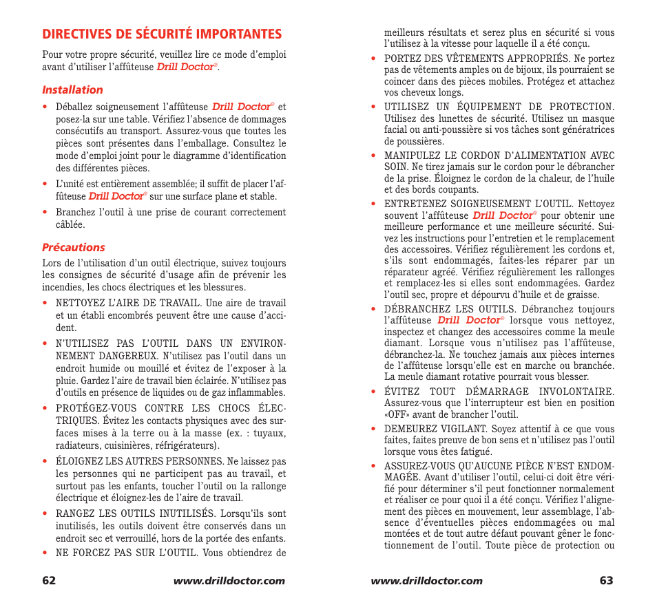 Directives de sécurité importantes | Drill Doctor 750X User Manual | Page 33 / 48