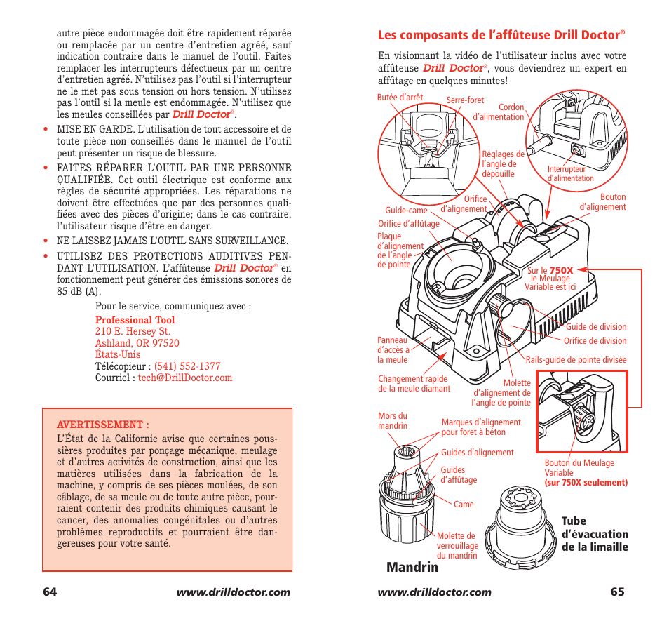 Mandrin, Les composants de l’affûteuse drill doctor | Drill Doctor 750X User Manual | Page 34 / 48