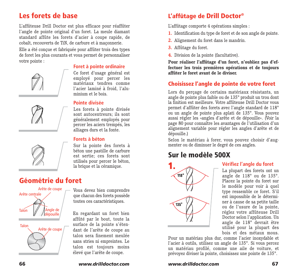 Les forets de base, Géométrie du foret, Sur le modèle 500x | Drill doctor, L’affûtage de | Drill Doctor 750X User Manual | Page 35 / 48