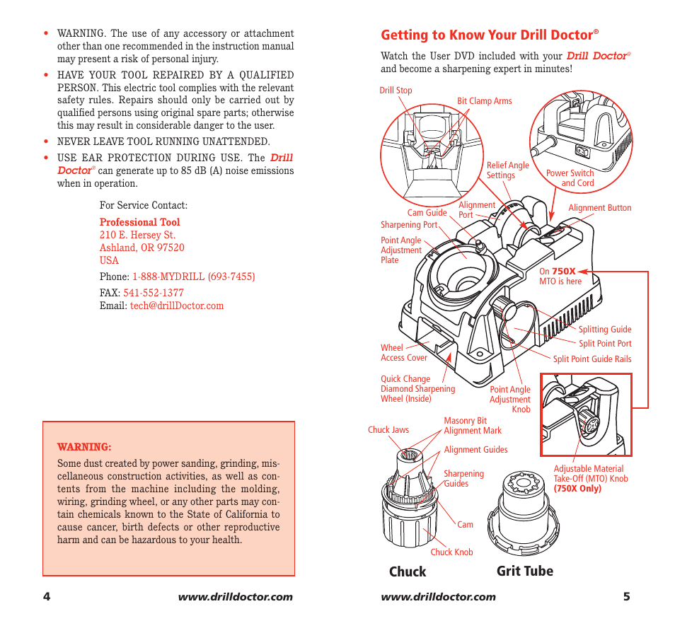 Getting to know your drill doctor, Grit tube chuck | Drill Doctor 750X User Manual | Page 4 / 48