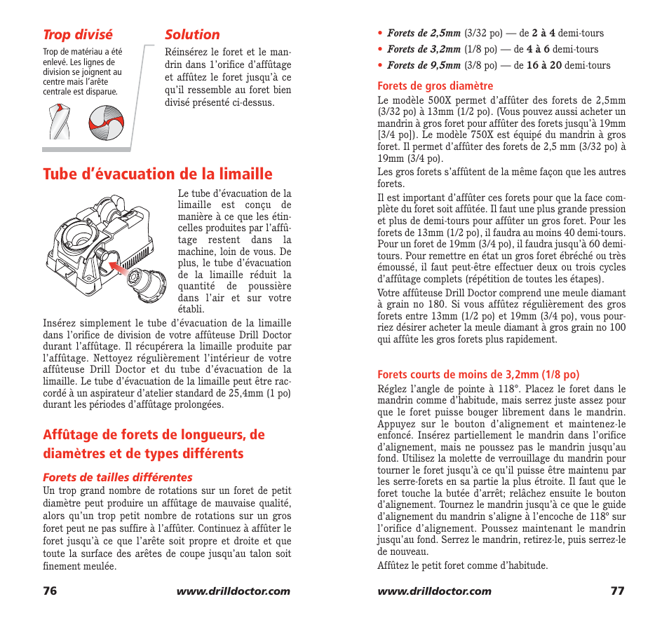 Tube d’évacuation de la limaille, Trop divisé solution | Drill Doctor 750X User Manual | Page 40 / 48